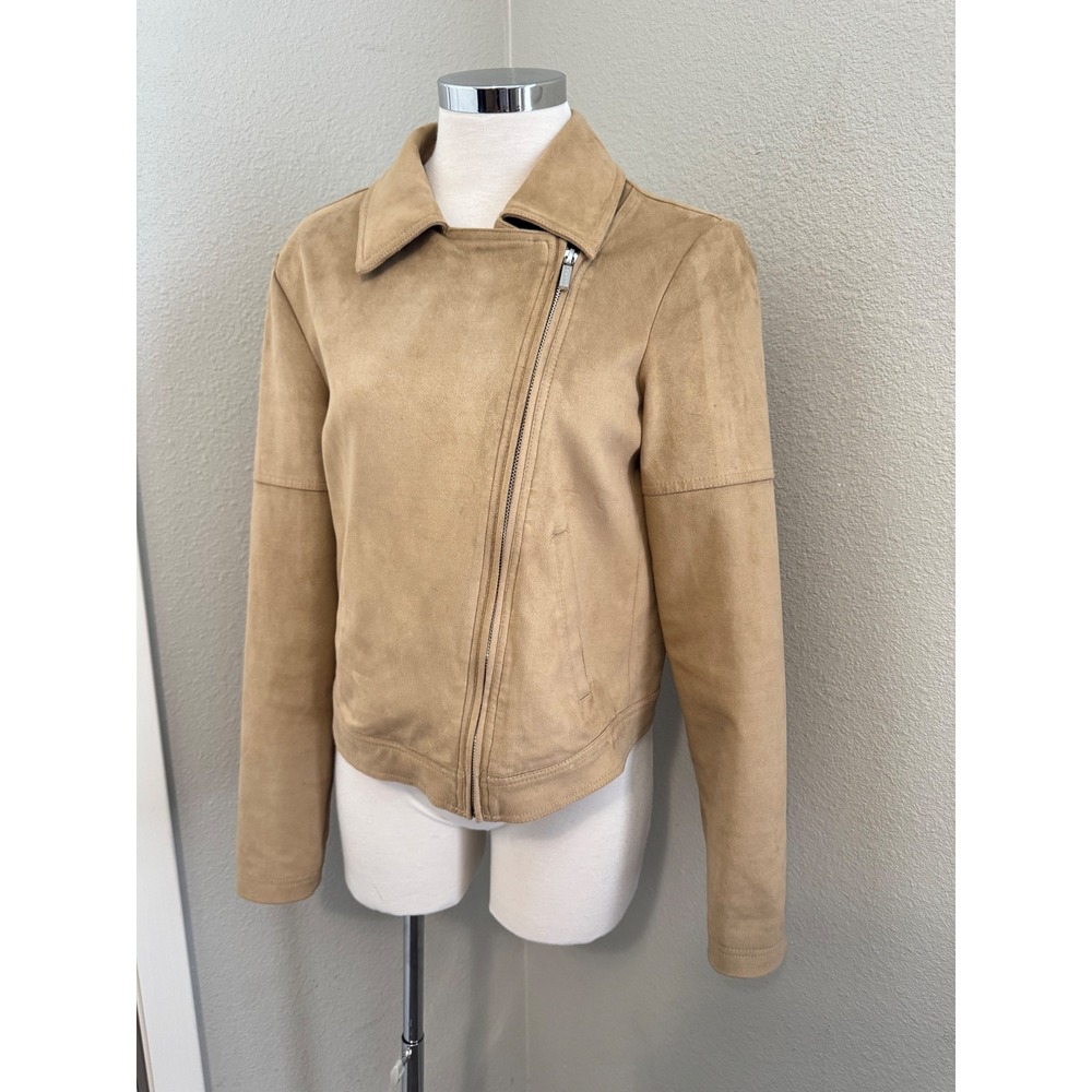 Halston Moto Jacket Faux Suede Tan Zip Up Biker Coat Size 4‎